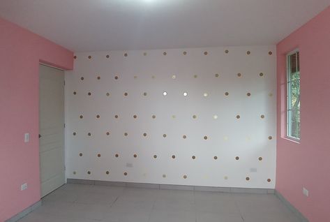 Pink Accent Wall Bedroom Kids, Baby Room Design Ideas, Pink Accent Wall, Pastel Kids Room, Gold Polka Dots Wall, Polka Dot Room, Pink Accent Walls, Butterfly Room