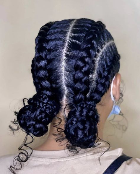 Two French Braids With Buns At End, 2 French Braids Into Buns, 3 Braid Hairstyles, Camping Hairstyles Black Women, Easy Braided Hairstyles Black Women, Braid Bun Styles For Black Hair, Vacation Hair Styles For Black Women, Two Braids For Black Women, 4 Cornrows Braids Natural Hair