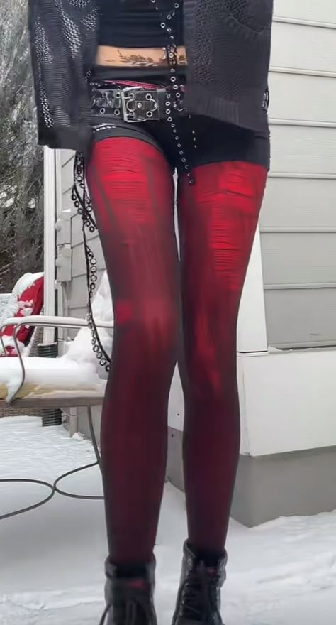 Goth Tights Outfits, Black And Red Emo Outfit, Red And Black Tights, Emo Valentines Outfit, Red Scene Aesthetic, Goth Red Outfit, Red And Black Alt Outfits, Red Scene Outfits, Red And Black Goth Outfits