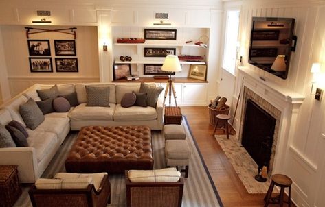 Small Den Furniture Layout, Small Den With Fireplace, Den With Fireplace, Fireplace Furniture Layout, Den Furniture Layout, Furniture Arrangement Ideas, Family Room Sectional, Large Living Room Layout, Cozy Living Room Furniture