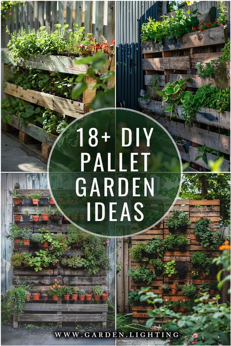 a collage of pictures of a garden with a pallet and a planter Pallet Veggie Garden Diy, Unique Raised Garden Beds Diy, Raised Gardens Out Of Pallets, Pallet Board Planters, Pallets Garden Ideas, Planting In Pallets, Using Pallets For Gardening, Pallet Trellis For Garden, Pallet Raised Garden Bed Diy