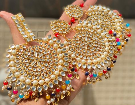 1250 rs+ship.....aedcjm.... high Quality brass Goldfinish traditional Punjabi kundan pipal patti pearl xxl tika set With chandbaali earrings Mang Tika Designs, Punjabi Jwellery Traditional, Tikka Jewelry Punjabi, Punjabi Jewellery, Mang Tika, Tikka Jewelry, Pakistani Bridal Jewelry, Indian Wedding Jewelry Sets, Indian Bridal Jewelry Sets