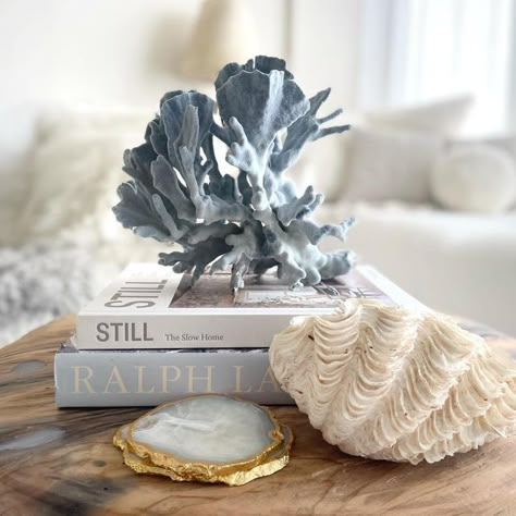 Classy Beach Decor, Coastal Chic Aesthetic, Rose Quartz Accessories, Coastal Blues, Coastal Accessories, Coastal Inspiration, Luxury Coastal, Coral Decor, Coastal Interior