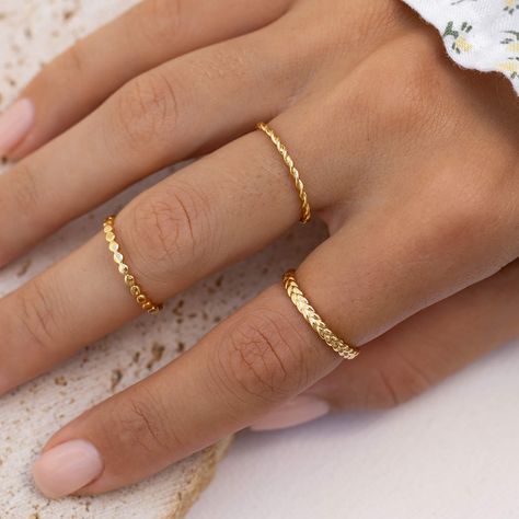 Linjer Jewelry, Selling Rings, Band Ring Designs, Gold Twist Ring, Textured Gold Ring, Sister Rings, Dainty Band, Braided Ring, Gold Rings Fashion