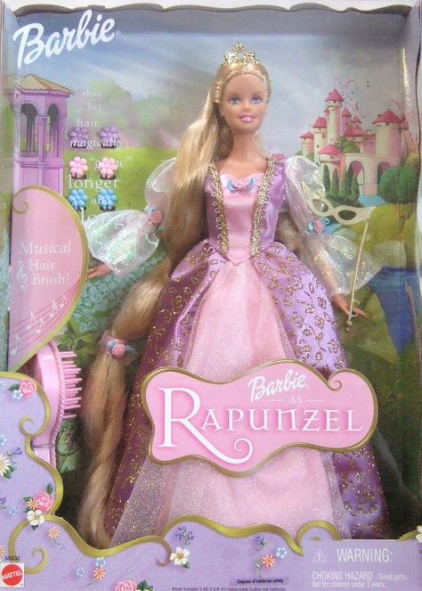 Mattel Dolls Barbie Doll as Rapunzel with Musical Hair Brush Released: 2001 2001 Barbie, Barbie As Rapunzel, Barbie Rapunzel, Princess Barbie Dolls, Musical Hair, Barbie 90s, Barbie Doll Set, Barbie Hair, Barbie Stuff