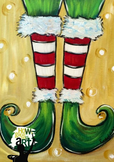 Elf Drawings, Christmas Window Painting, Grinch Christmas Decorations, Christmas Paintings On Canvas, Xmas Elf, Elf Art, Painting Canvases, Family Painting, Watercolor Christmas Cards