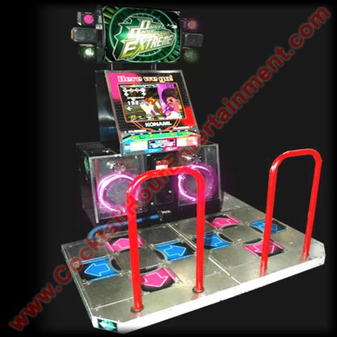 Dance Arcade Game, Arcade Layout, Rhythm Aesthetic, Cocktail Hour Entertainment, Old School Arcade Games, Arcade Ideas, Bar Mitzvah Themes, Arcade Bar, Dance Revolution