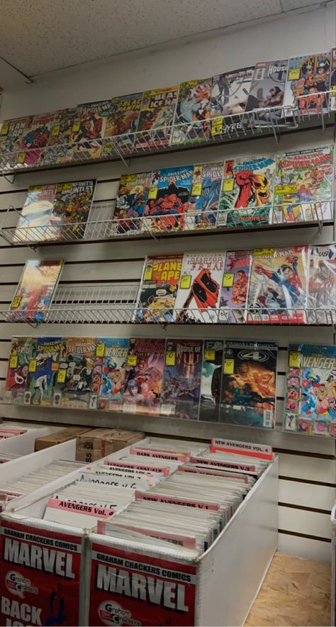 spiderman peter parker marvel mcu comic book poster Comic Shop Interior, Comic Book Store Ideas, Comic Book Store Interior, Vintage Comic Book Aesthetic, Comic Book Store Photoshoot, Comic Book Shop Aesthetic, Comic Book Collection Aesthetic, Comic Shop Aesthetic, Comic Book Store Aesthetic