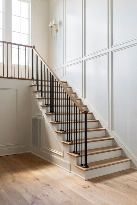 Batton Board Stairway, Wayne Scotting Staircase, Bidding On Wall, Wall Molding Staircase, Wood Paneling Staircase, Wall Moulding Stairs, Paneled Staircase Wall, Board And Batten Foyer Entryway, Stair Accent Wall Ideas