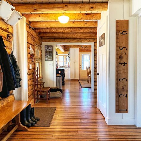 Log Home Entryway, Log Cabin Update Ideas, Log Cabin With Shiplap, Modernized Log Cabin, Updating Log Cabin Interior, Log Cabin Entryway Ideas, White Log Cabin Interiors, Log Cabin Addition Ideas, Log Cabin Homes Interior Decor