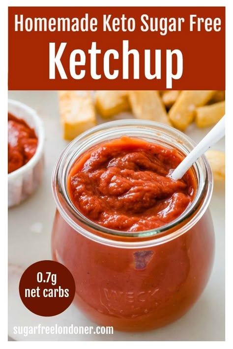 It only takes 30 minutes to make your own homemade sugar free ketchup using tinned tomatoes, vinegar and a handful of spices. Enjoy your burgers, hot dogs and low carb chips without loading up on carbs! This keto ketchup recipe is super simple and tastes so much better than anything you can buy in the shops. #sugarfreeketchup #ketoketchup Keto Ketchup Recipe, Keto Restart, Sugar Free Ketchup Recipe, Ketchup Recipes, Healthy Condiments, Keto Sauce, Keto Ketchup, Keto Dips, Low Carb Ketchup