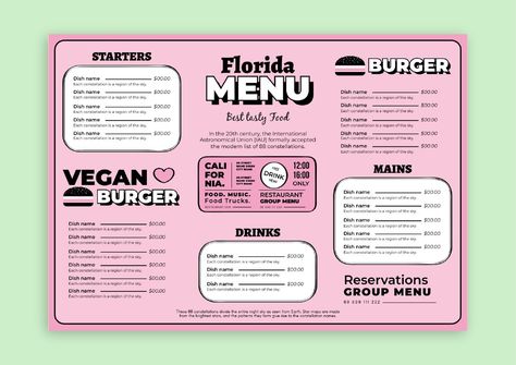 Doodle Retro Florida Best Tasty Food Menu Food Menu Design Ideas Templates, Cartoon Menu Design, 70s Menu Design, Retro Food Menu Design, 50s Menu Design, Menu Design Layout, Menu Card Design, Food Menu Template, Food Menu Design