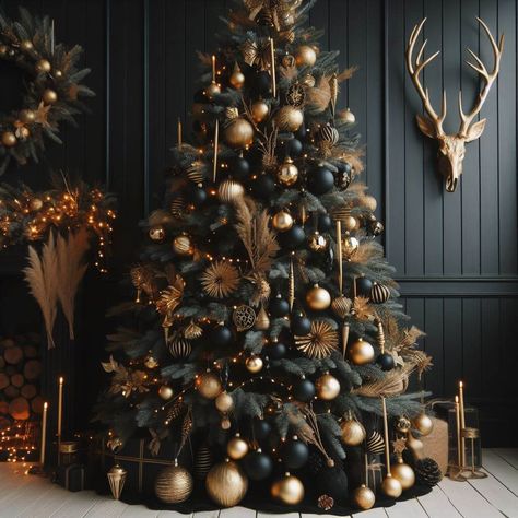 Black Green And Gold Christmas Tree, Black Decor Christmas Tree, Brown And Black Christmas Tree, Monochrome Christmas Tree, Black And Gold Christmas Tree Ideas, Basement Christmas Decor, Christmas Decor Ideas 2024 Trends Colors, Anthro Inspired Christmas, Holiday Decorating Ideas Christmas