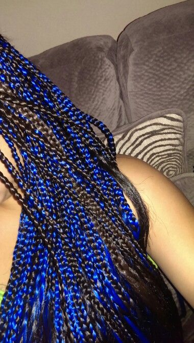 Blue/black box braids Blue And Black Braids For Black Women, Box Braids Hairstyles Blue, Blue Black Box Braids, Blue And Black Box Braids, Dark Blue Braids, Black And Blue Braids, Blue Box Braids, Black Box Braids, Long Hair Do