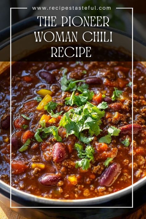 This hearty and flavorful chili recipe from The Pioneer Woman is a perfect blend of ground beef, beans, and spices. It's easy to prepare on the stovetop and is ideal for family gatherings or cozy nights at home. Garnished with cheese, sour cream, and tortilla chips, this chili is sure to please everyone at the table. Paula Deen Chili Recipe Ground Beef, Ham Chili Recipe, Cowboy Chili Recipe Pioneer Woman, Dennison's Chili Recipe, Stovetop Chili Recipe Ground Beef, 7 Bean Chili Recipe, Beef And Bean Chili Recipes, Homemade Chili Recipe Beef, Homemade Chili Recipe Stovetop