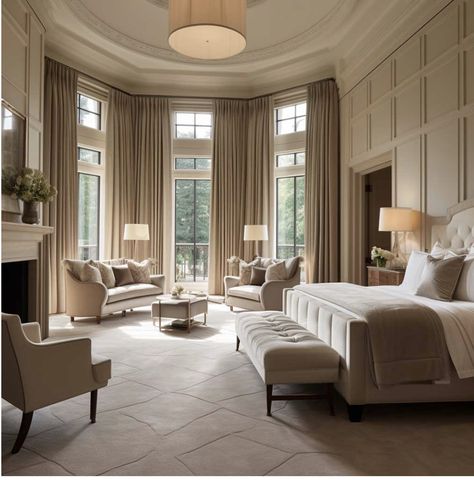 Grand Bedroom Ideas, Classic Room Decor Bedroom, Vintage Master Bedrooms, Bedroom Ideas European Style, Luxury Bedroom Master With Bay Window, Classical Modern Bedroom, Great Room Window Treatments, Luxury Bedroom Master Luxurious Bedrooms Master Modern, Classic Master Bedrooms Decor