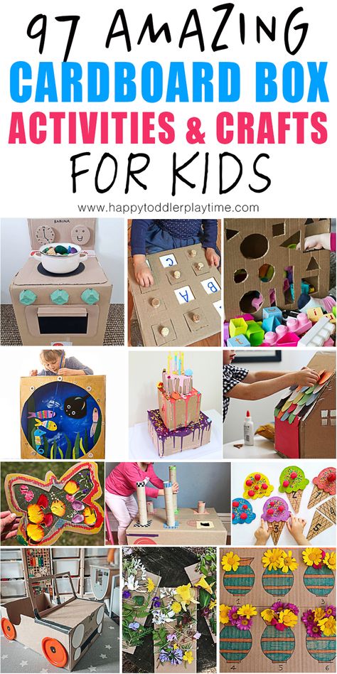 97 Cardboard Box Activities & Crafts for Kids - HAPPY TODDLER PLAYTIME Cardboard Box Activities, Cardboard Box Crafts For Kids, Box Crafts For Kids, Cardboard Boxes Kids, Box Activities, Bus Crafts, Diy Cardboard Toys, Cardboard Play, Large Cardboard Boxes