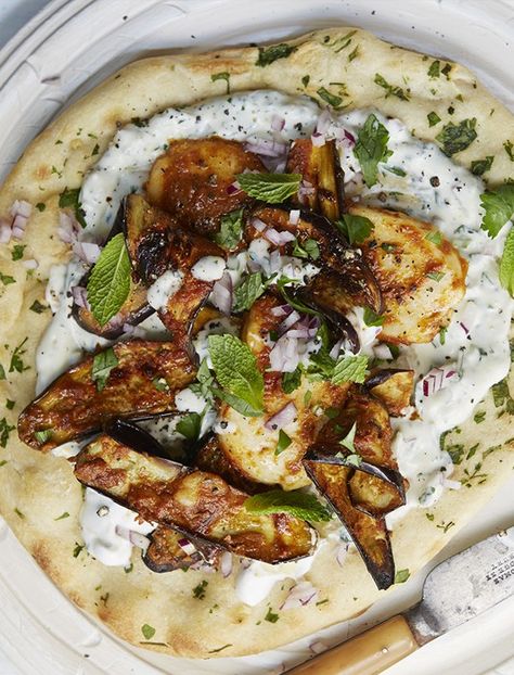 Grilled Halloumi & Aubergine Wraps With Herbed Yoghurt | sheerluxe.com Halloumi Aubergine, Sweet Potato Gratin, Grilled Halloumi, Veggie Snacks, Meatless Recipes, Veggie Meals, Veggie Delight, Healthy Side, Vegetarian Meals