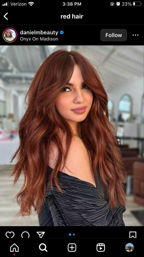 Tan Skin With Red Hair, Auburn Copper Highlights, Ginger Hair On Brown Skin, Brown Ginger Hair, Ginger Hair Ideas, Medium Red Hair, Gala Hair, Lady Locks, Hair Caramel