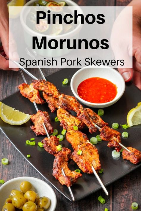 If you're craving Spanish food and missing holiday tapas meals don't worry! You can make this easy pinchos morunos recipe at home. These Spanish pork skewers are marinated and then griddled, grilled or baked to make a delicious healthy pork kebab that's great by itself as main meal or as part of a tapas meal. Holiday Tapas, Spanish Pork, Pork Kebabs, Pork Kabobs, Spanish Appetizers, Pork Skewers, Healthy Pork, Kabob Skewers, Tapas Dishes