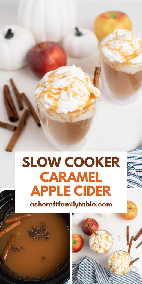 Salted caramel apple cider in a slow cooker and cups for fall. Hot Caramel Apple Cider, Crockpot Caramel, Crockpot Apple Cider, Caramel Apple Cider Recipe, Slow Cooker Drinks, Crockpot Drinks, Hot Apple Cider Recipe, Slow Cooker Apple Cider, Caramel Apple Cider