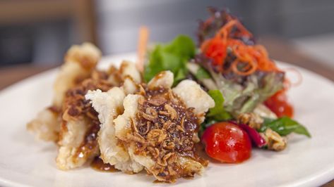 Trio Flavour Deep Fried Rockling with Pear Salad Justine Schofield, Crispy Shallots, Roasted Walnuts, Prawn Recipes, Pear Salad, Cooking Seafood, Fish Sauce, Deep Fried, Cherry Tomatoes