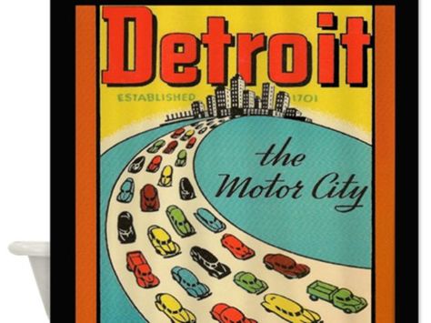 Gift of the day: Shower curtain for true Detroiters Detroit Motor City, Detroit Map, Vintage Art Posters, Detroit Motors, Grand Prix Posters, Detroit Art, Vintage Postcards Travel, Detroit City, Travel Postcard