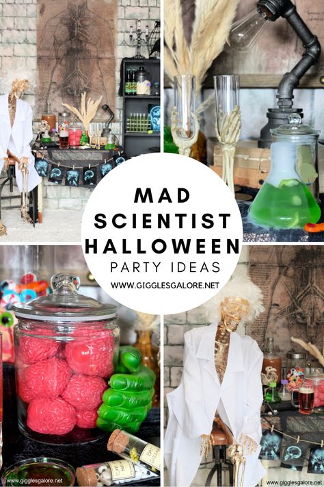 Halloween Food Ideas Frankenstein, Mad Scientist Halloween Decorations Diy, Halloween Decorations Laboratory, Halloween Mad Scientist Lab Diy, Mad Scientist Classroom Transformation, Mad Scientist Halloween Party Food, Mad Scientist Table Decor, Halloween Mad Scientist Lab Science Experiments, Mad Science Lab Halloween