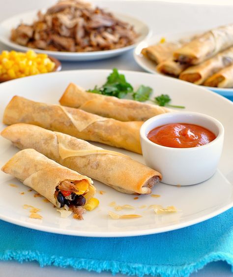 Baked Mexican Spring Rolls (Egg Rolls) - RecipeTin Eats Mexican Rolls, Mexican Spring Rolls, Mexican Slow Cooker, Baked Spring Rolls, Summer Rolls Recipe, Party Food Recipes, Spring Roll Recipe, Recipetin Eats, Pork Carnitas