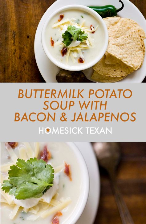 Buttermilk potato soup with bacon and jalapeños Potato Soup With Buttermilk, Buttermilk Potato Soup, Soup Recipes With Buttermilk, Jalapeño Potato Soup, Buttermilk Soup Recipes, Soup With Buttermilk, Texan Recipes, Texas Foods, Buttermilk Soup