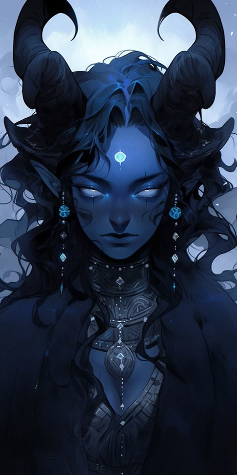 Morrigan Concept Art, Blue Male Tiefling Art, Blue Horns Aesthetic, Blue Tiefling Female, Teifling Character Art, Blue Tiefling Woman, Blue Tiefling Male, Teifling Character Design, Blue Tiefling