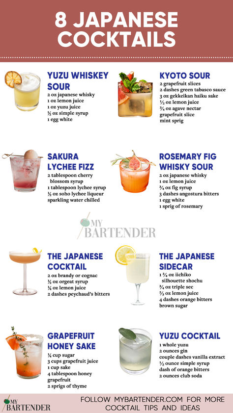 Japanese Cocktails Japanese Drinks Non Alcoholic, Classy Cocktail Recipes, Japanese Alcohol Drinks, Japanese Inspired Cocktails, Japanese Whiskey Cocktail, Asian Cocktails Recipes, Japanese Cocktails Recipes, Japanese Drinks Recipe, Japanese Beverages