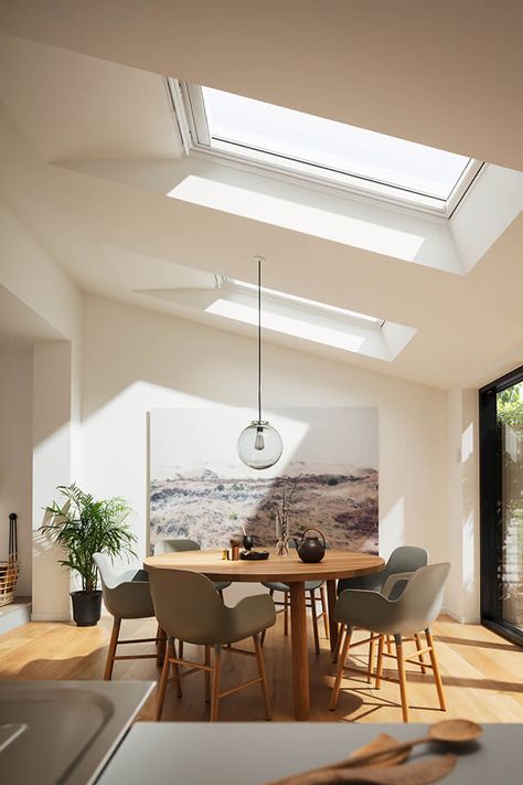 Velux Windows Kitchen, Kitchen Diner Extension, Skylight Kitchen, House Extension Plans, Open Plan Kitchen Dining Living, Roof Windows, Open Plan Kitchen Diner, Room Extensions, Open Plan Kitchen Dining