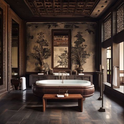 Chinese Inspired Bathroom, Japanese Victorian House, Dark Japanese Interior, Chinese House Interior, Traditional Chinese Interior, Bathroom Zen, Chinese Interior Design, Villa Bedroom, Chinese Style Interior