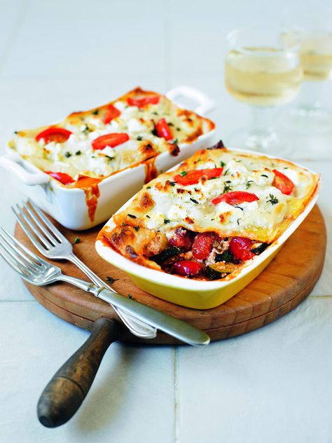 You can make this goats cheese and roasted vegetable lasagne with ready-made lasagne sheets or by using home-made pasta recipe. A delicious, comforting vegetarian meal. Roasted Vegetable Lasagne, Vegetarian Lasagne, Vegetable Lasagne, Lasagne Sheets, Lasagne Recipes, Cheese Lasagna, Goats Cheese, Veggie Delight, Delicious Magazine