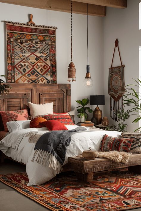 29 Boho Bedroom Layout Ideas 26 Southwest Boho Bedroom, Aztec Bedroom Ideas, Boho Bedroom Layout, Aztec Room, Aztec Bedroom, Bedroom Layout Ideas, Country Bedroom Design, Boho Cozy, Boho Ideas