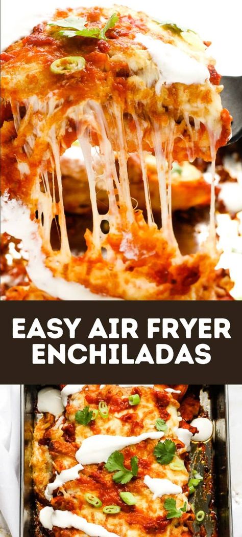 These easy vegetarian enchiladas are cooked entirely in the air fryer, perfect for a small batch on a weeknight! The refried bean and cheese requires no pre-cooking - just assemble and bake. This recipe is so versatile, you can choose your favorite ingredients and follow the same steps to make the perfect air fryer enchiladas for your own family. Air Fryer Enchilada Casserole, Air Fryer Enchiladas, Enchiladas Cheese, Bean And Cheese Enchiladas, Veggie Enchiladas, Refried Bean, Canning Refried Beans, Air Fryer Recipes Vegetarian, Black Bean Enchiladas