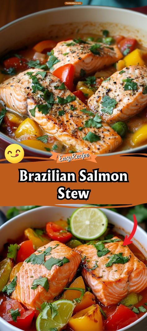 Dive into the vibrant tastes of Brazilian Salmon Stew, combining succulent salmon pieces with tomatoes, bell peppers, and coconut milk for a touch of tropical flair. This stew is a colorful and delicious celebration of Brazilian cuisine. #SalmonStew #BrazilianCuisine #SeafoodDishes Stew Salmon Recipes, Brazilian Salmon, Moqueca Recipe, Coconut Stew, Salmon Coconut, Salmon Soup, Marinated Salmon, Comfort Casseroles, Hearty Lunch