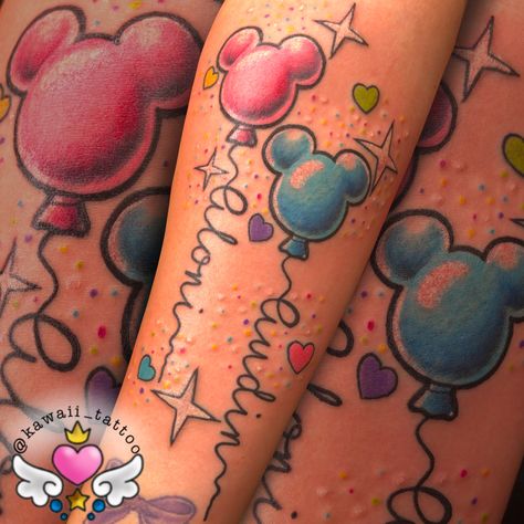 Mickey Balloons Tattoo, Disney Balloon Tattoo, Mickey Balloon Tattoo, Tattoo Grandma, Disney Balloon, Disney Stitch Tattoo, Mickey Tattoo, Grandma Tattoos, Kids Tattoo