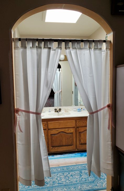 Curtains Over Arched Doorway, Arched Doorway, Arch Doorway, Master Bathrooms, Doorway Curtain, Bathroom Doors, Diy Curtains, Diy Door, Hanging Curtains