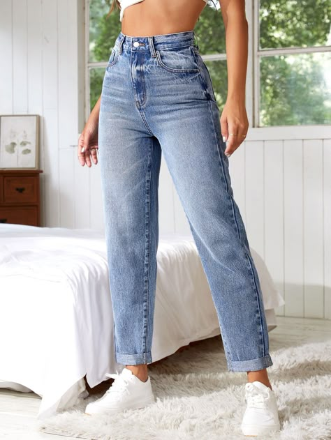 Light Wash  Collar  Denim Plain Straight Leg Embellished Non-Stretch  Women Denim Straight Cut Jeans Outfit, Slim Jeans Outfit, Jeans Reto, Straight Leg Jeans Outfits, Rolled Jeans, Jeans Claro, Latest Jeans, Straight Cut Jeans, Straight Fit Jeans