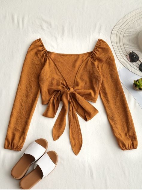 Spring Crop Tops, Female Shirt, Long Sleeve Blouses, Spandex Shirts, Diy Vetement, Tie Crop Top, Plunging Neck, Cropped Blouse, Crop Blouse