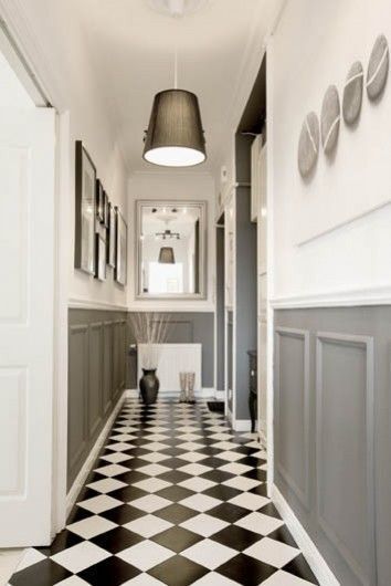 black and white floors #SOdomino #white #room #interiordesign #property #building #ceiling #floor #tile #flooring #blackandwhite Half Panelling, Monochrome Flooring, Lambriseringen Gang, Black And White Hallway, Kitchen Eating Areas, White Hallway, Tiled Hallway, Hallway Inspiration, Hallway Flooring