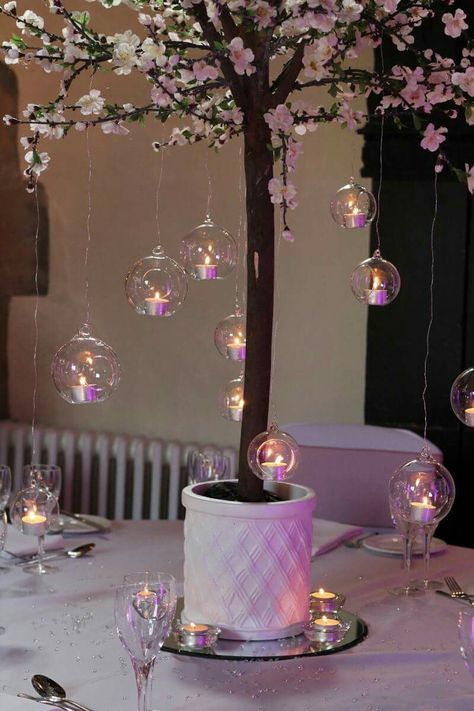 Hanging t-lights from Cherry Blossom Trees.... Light Up Cherry Blossom Tree, Cherry Blossom Centerpiece Ideas, Cherry Blossom Quince, Cherry Blossom Wedding Dress, Cherry Blossom Wedding Theme, Theme Bapteme, Cherry Blossom Party, Tree Decoration Ideas, Quinceanera Pink