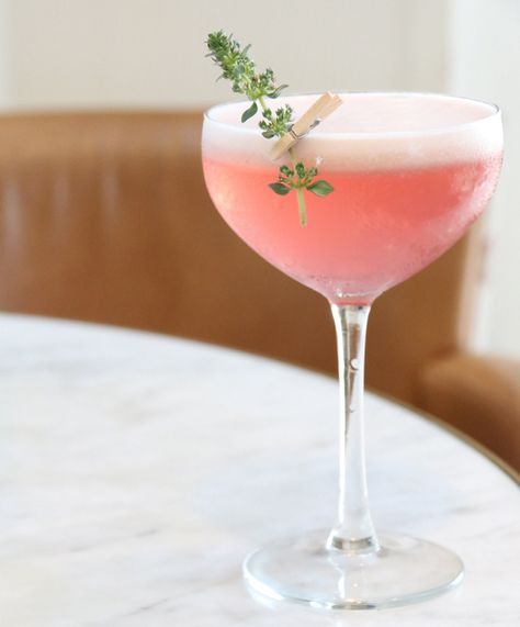 Thyme to Delight. Strawberry-infused gin, Thyme & hibiscus syrup. Twist on a Clover Club. Thyme Cocktails, Recipes With Gin, Cocktail Strawberry, Holiday Cocktail Recipes, Clover Club Cocktail, Christmas Cocktails Easy, Strawberry Gin, Hibiscus Syrup, Clover Club