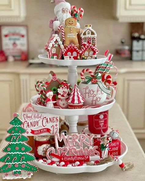 Gingerbread Tablescape Ideas, 3 Tier Christmas Tray, Holiday Tiered Tray Ideas, Candy Cane Tiered Tray, Candy Cane And Gingerbread Decor, Candy Cane And Gingerbread Christmas Tree, Christmas Decorating In Small Spaces, Vintage Tiered Tray Decor, Gingerbread Kitchen Christmas Decor