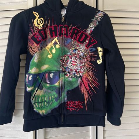 Ed Hardy Kids Zip Up Sweater Size Us 6/7 Very Cute Scenecore Aesthetic Outfit, Ed Hardy Outfit, Clothing Branding Design, Vintage Jeans Mens, 2000s Clothing, Clueless Outfits, Street Style Outfits Men, Guys Clothing Styles, Vibe Clothes