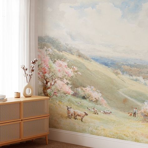 Spring Landscape Wallpaper, Retro Wallpaper Vintage, Vintage Art Wallpaper, Paint Trees, Farmhouse Hallway, Regular Wallpaper, Chinoiserie Mural, Floral Wall Decals, Wallpaper Retro