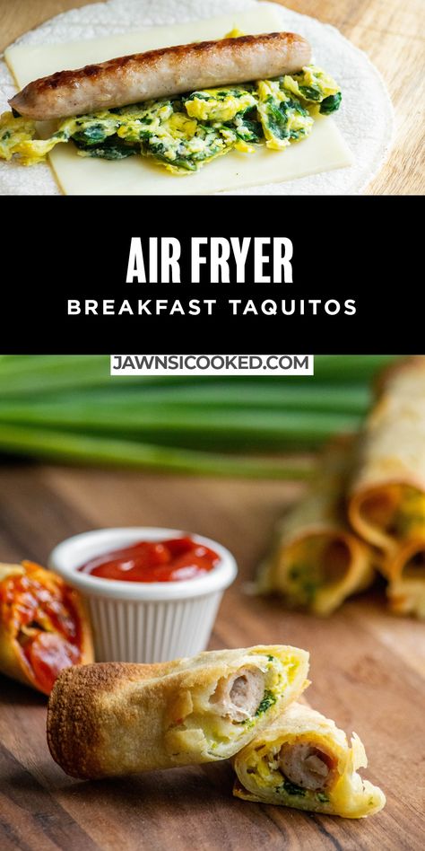 An easy breakfast you can make any day of the week, these Sausage Breakfast Taquitos in the Air Fryer with Sriracha Ketchup are always a hit! Taquitos Air Fryer, Breakfast Taquitos, Tortilla Breakfast, Sriracha Ketchup, Air Fryer Sausage, Easy Fried Chicken, Easy Brunch Recipes, Low Calorie Dinners, Vegan Sausage