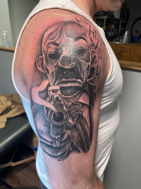 Tattoo of Joker from Opening Scene of The Dark Knight, will be a sleeve soon The Dark Knight Joker Tattoo, Bank Robbery Tattoo, Dark Knight Tattoo, Tattoos 2024, Knight Tattoo, Opening Scene, Joker Tattoo, Top Tattoos, The Dark Knight